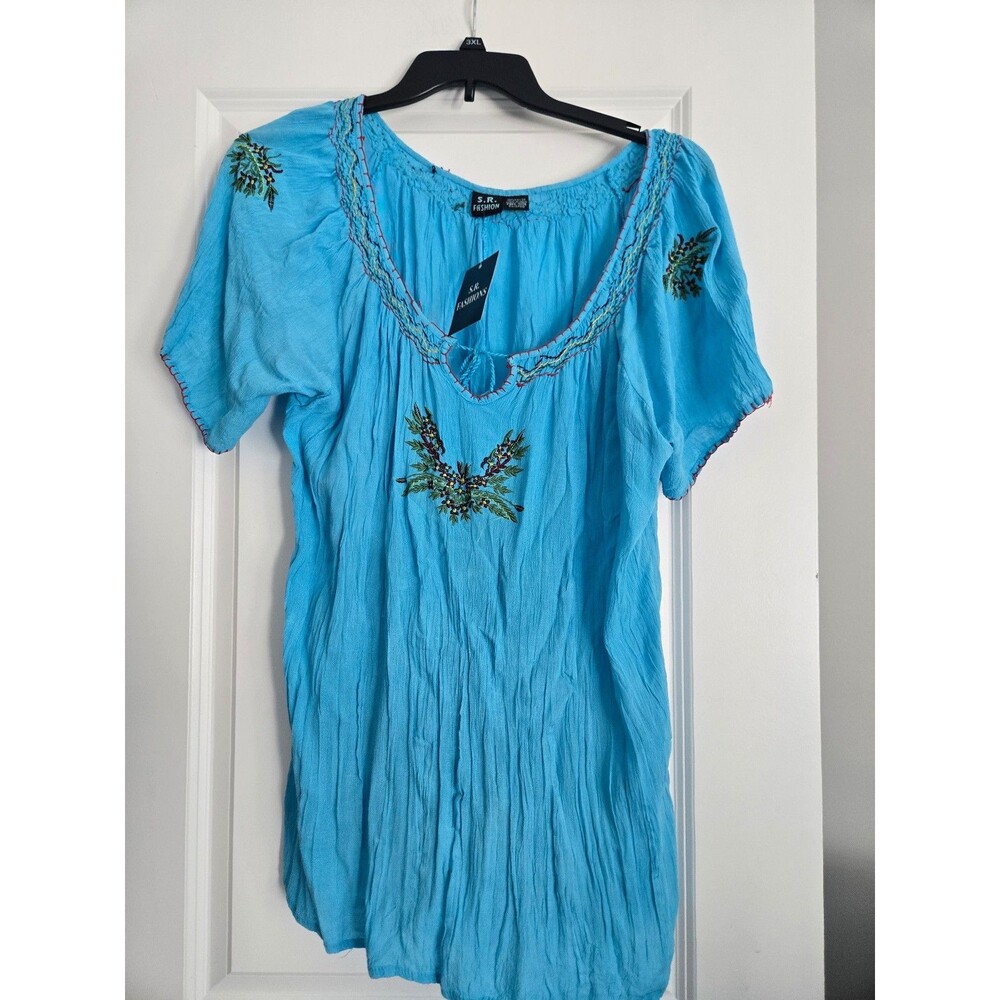 S.R. Fashion embroidered boho peasant blouse in  turquoise blue free size NWT